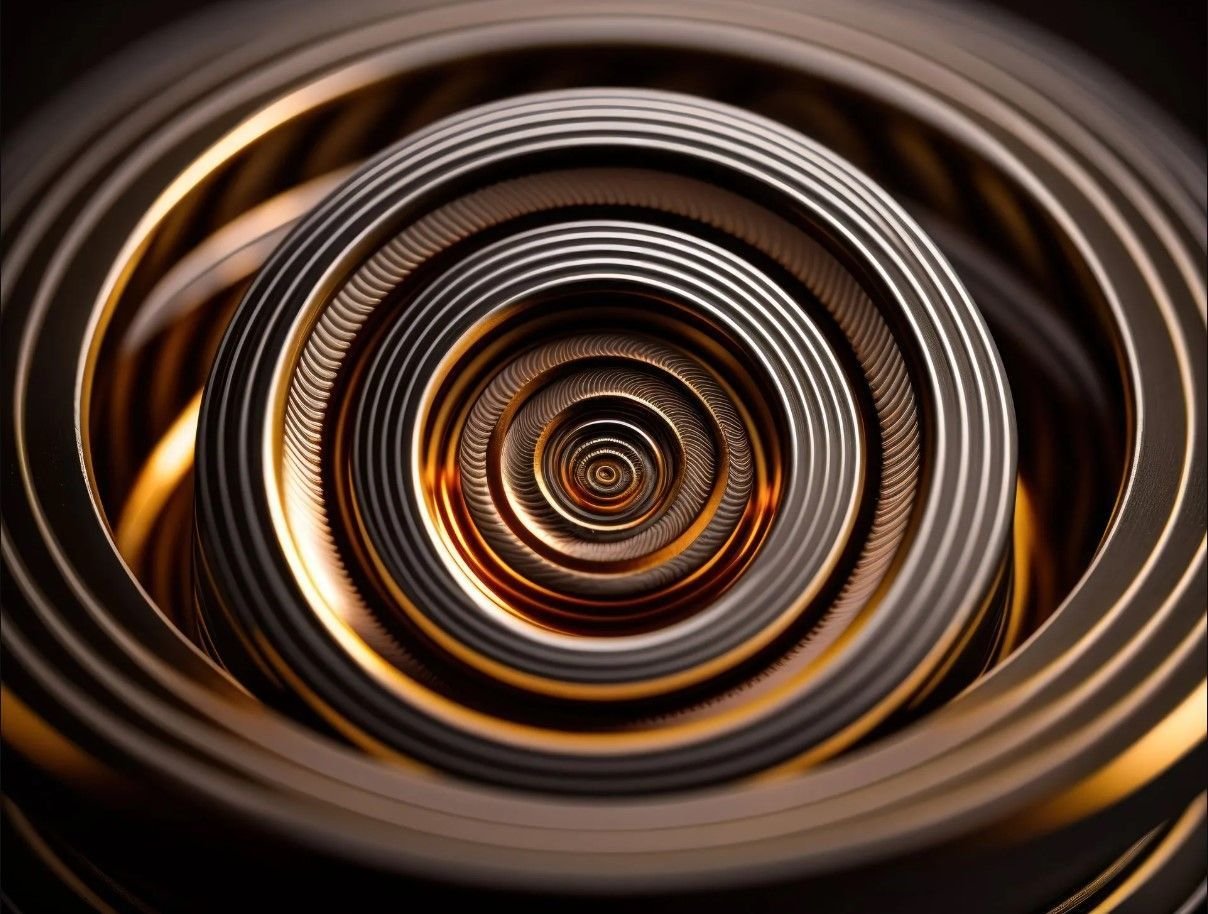 Anillos metálicos concéntricos que se enroscan hacia el interior, con tonos dorados y plateados, creando un efecto 3D.